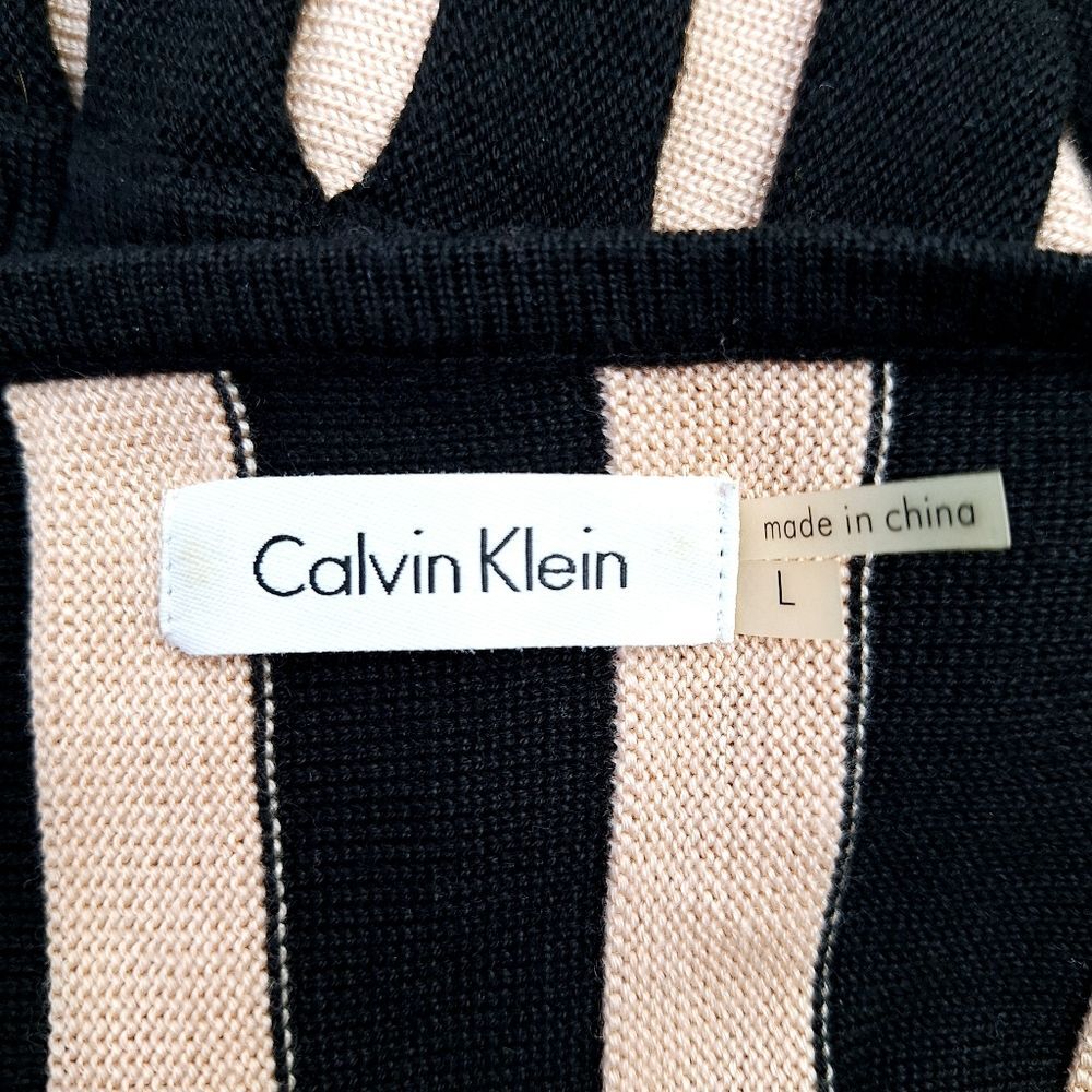 Calvin Klein Black Cream Ribbed Striped Long Sleeve Fit & Flare Knit Dress Sz L - Picture 7 of 13